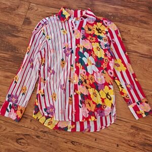 Seaplane Cotton Button Up Women's Medium Striped Floral Long Sleeve Blouse Beach
